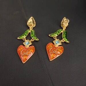 Gold-Tone Drop Earrings with Orange Heart, Green Leaves & Blue Crystal